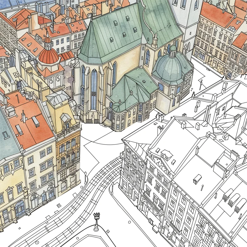 Latin Cathedral, Lviv - watercolor coloring example by rubencio